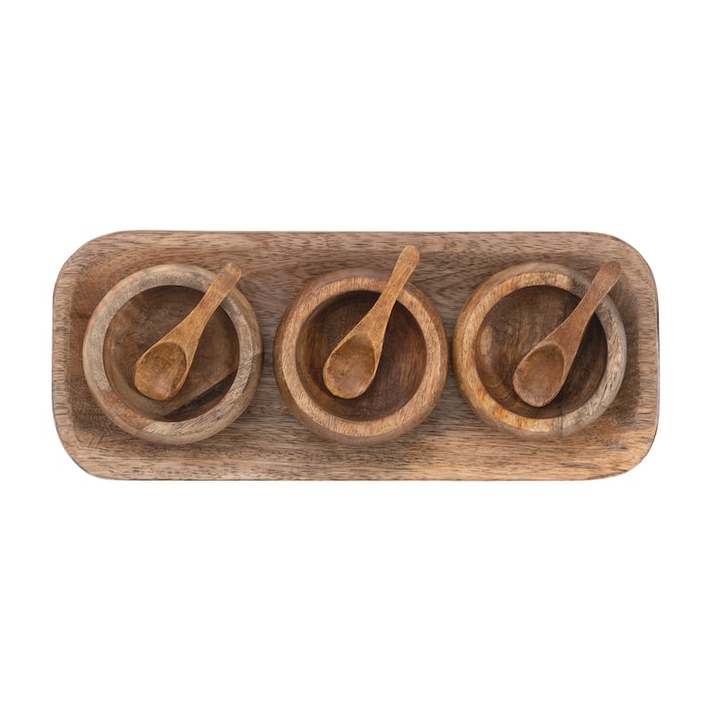 Mango Wood Tray with 3 Spice Bowls and 3 Wood Spoons, Set of 7 - Brown