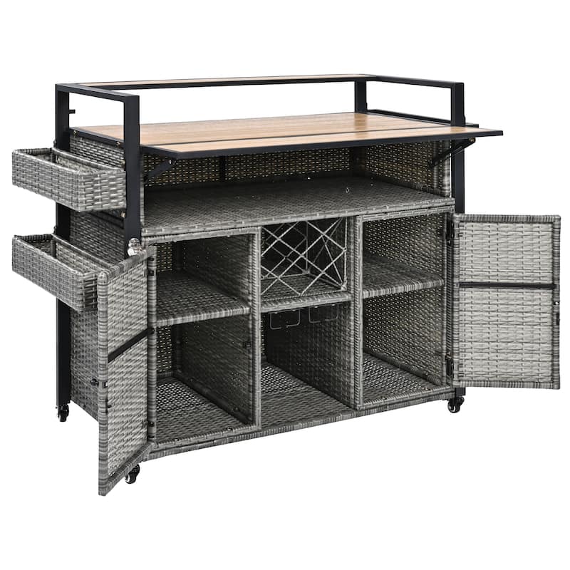 52.8"W Wicker Outdoor Grill cart with Extended Plastic Wood Table Top, Rolling Kitchen Island on Wheels with Storage Cabinet