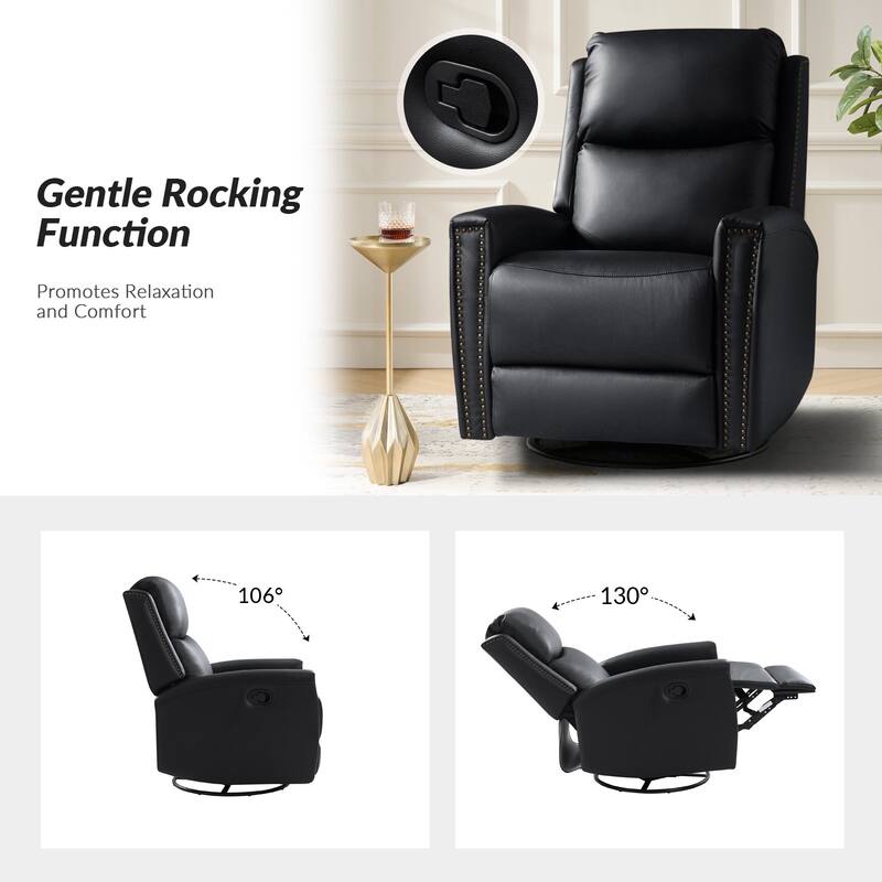Fiacro 30.31"Wide Modern Genuine Leather Wingback Swivel Rocker Recliner with Nailhead Trims