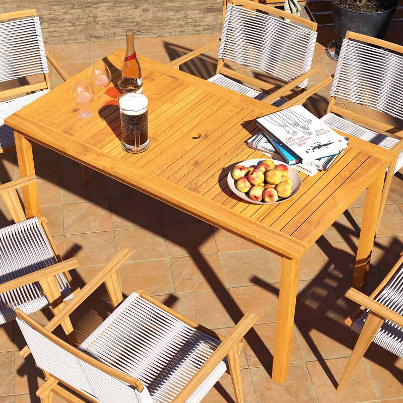 Outsunny Rectangle Patio Table for 6, Outdoor Dining Table with Umbrella Hole, Acacia Wood Table for Garden, Backyard, Deck