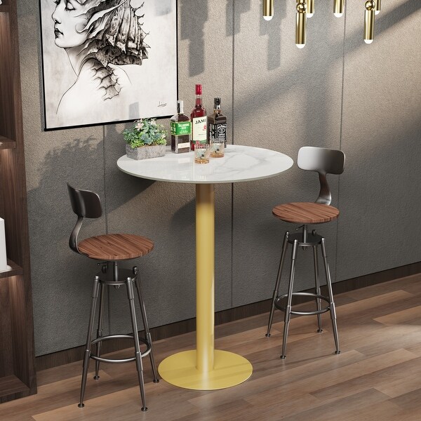 Bistro Pub Table Round Bar Height Cocktail Table Metal Base Marble Top 28 x40 Glossy White Gold