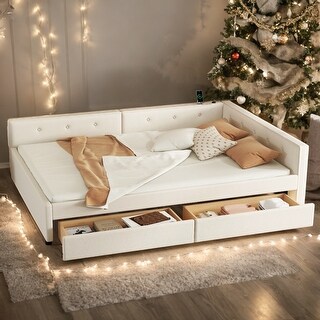 Modern Full Size Upholstered Platform Bed Daybed with USB and 2 Drawers