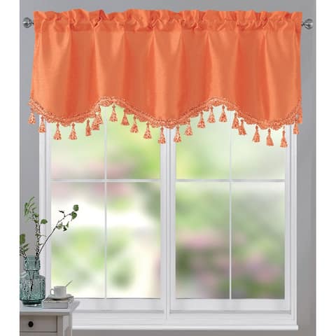 Melanie Faux Silk Scalloped Window Valance with Beaded Tassels, 55x18 Inches