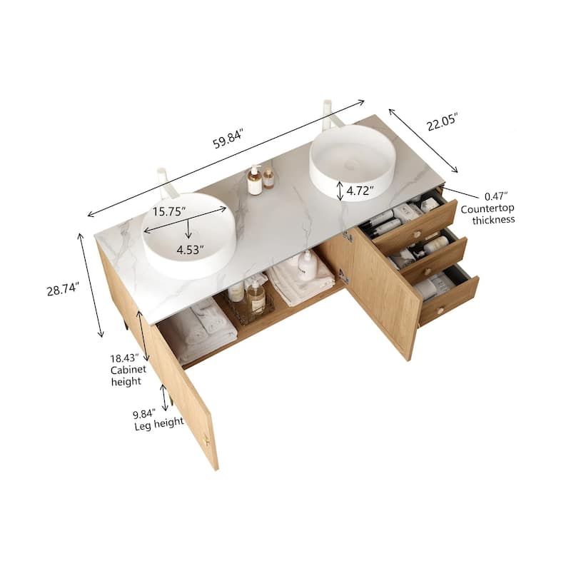 GDFStudio - Munin Freestanding Bathroom Vanity with Ceramic Sink, 4 Metal Legs, Oak Woodgrain Color, WITHOUT Faucet