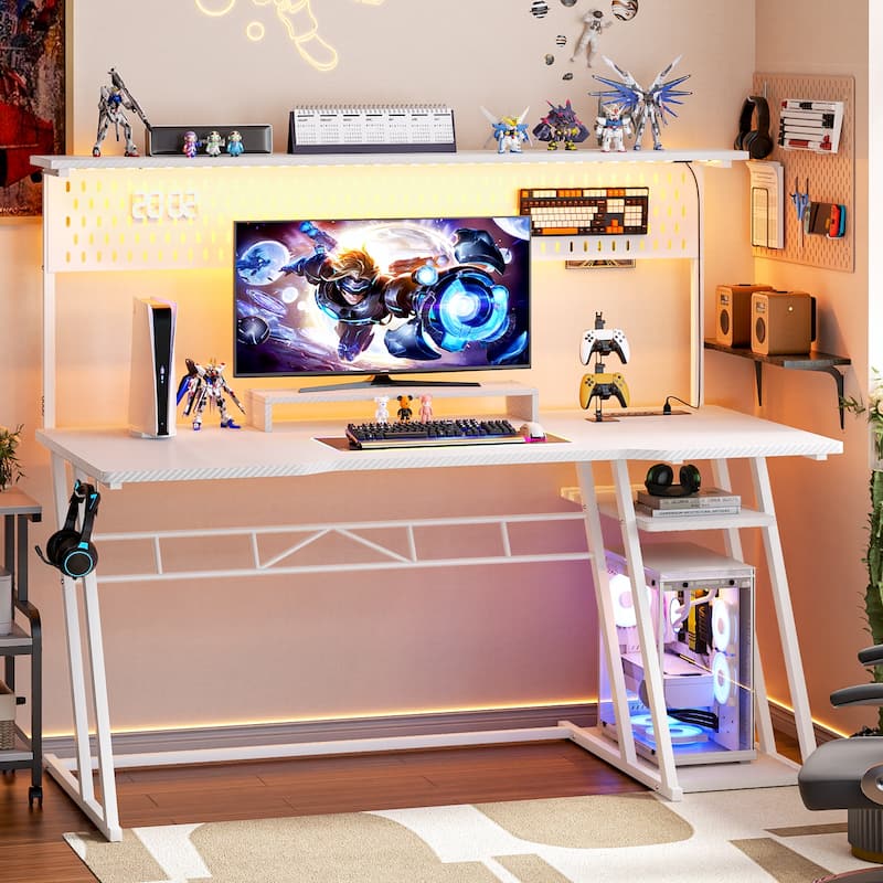 Gaming Desk with Hutch and LED Lights, Computer Table with Storage Shelves - 55'' - White
