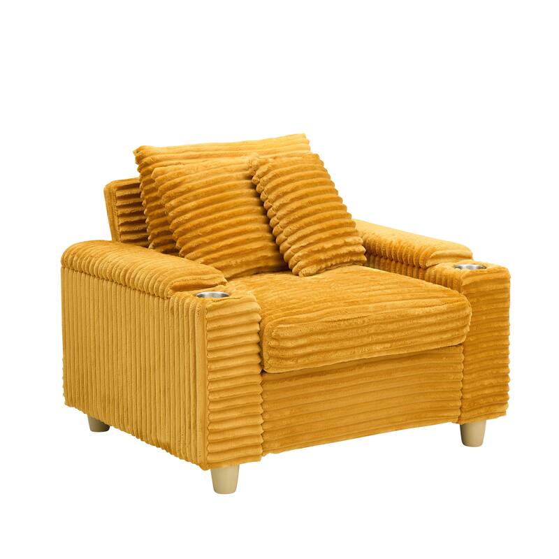 Corduroy Accent Chair & Storage Ottoman Set of 2, Single Sofa Armchair Lounge Chair with Pillows & Cup Holders