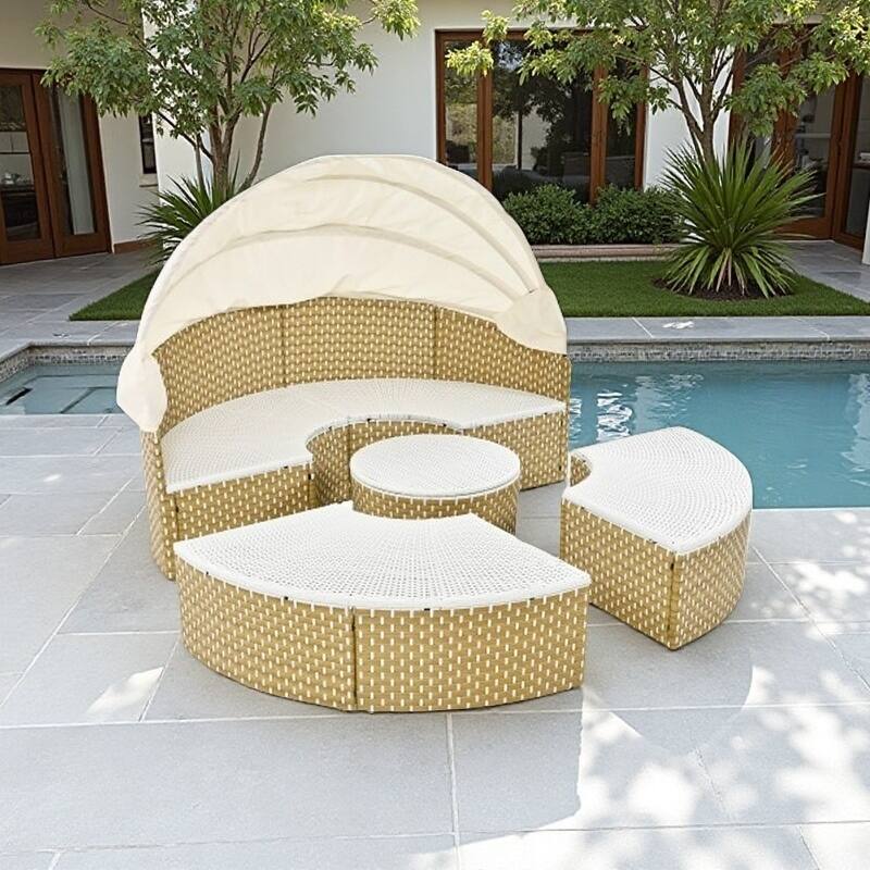 5-Piece Sectional Sofa Set, Round Rattan Outdoor Daybed with Retractable Canopy and Adjustable Table,with Cushions & Pillows - Beige