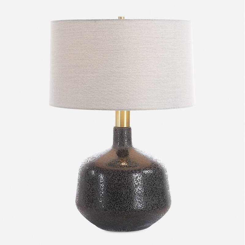 Mottled Gloss Ceramic Table Lamp with Drum Shade - 25.75" - Matte Black