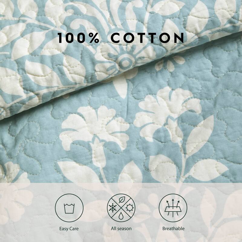 Laura Ashley Rowland Cotton Reversible Blue Quilt Set On Sale Bed