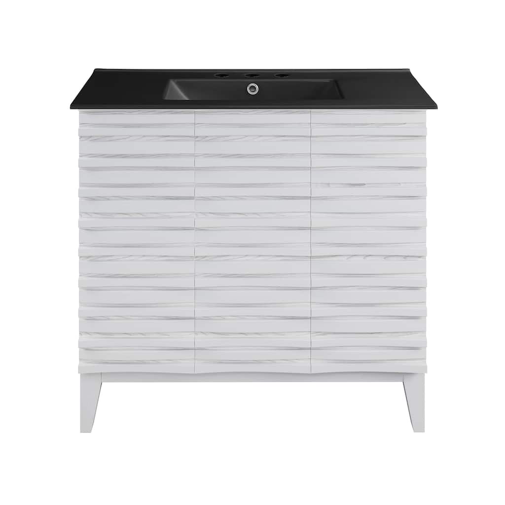 Cascade 36 In. White Oak Bathroom Vanity With Black, 3-Hole Ceramic Sink Top