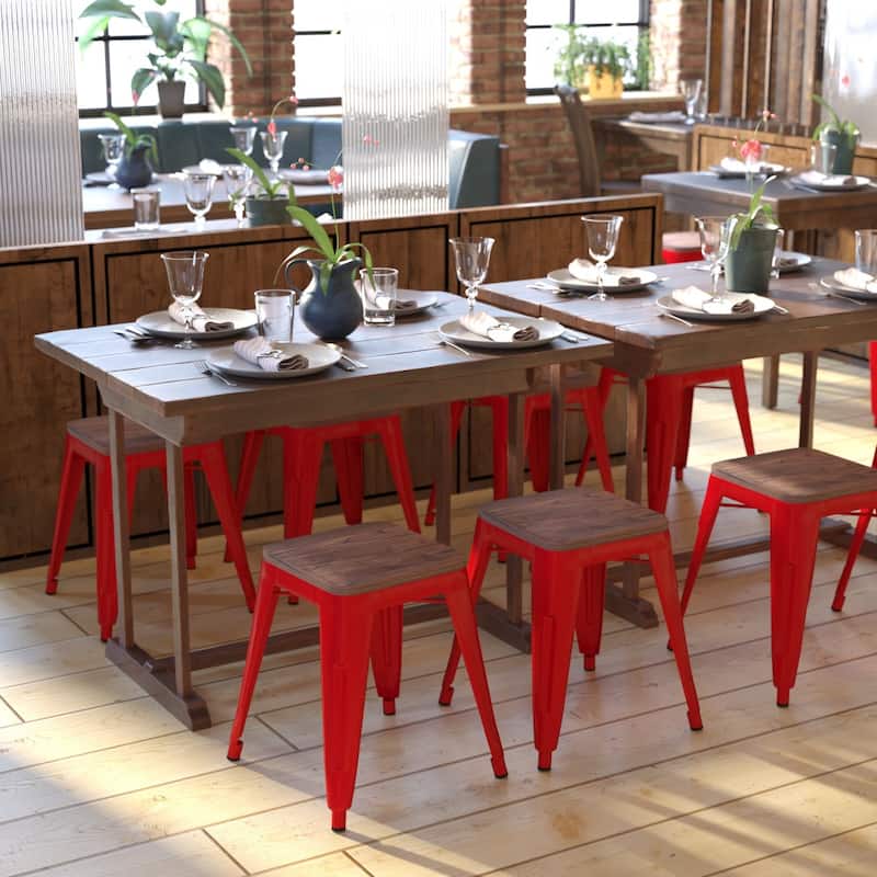 Set of 4 18" Table Height Indoor Stackable Metal Stool with Wood Seat - Red