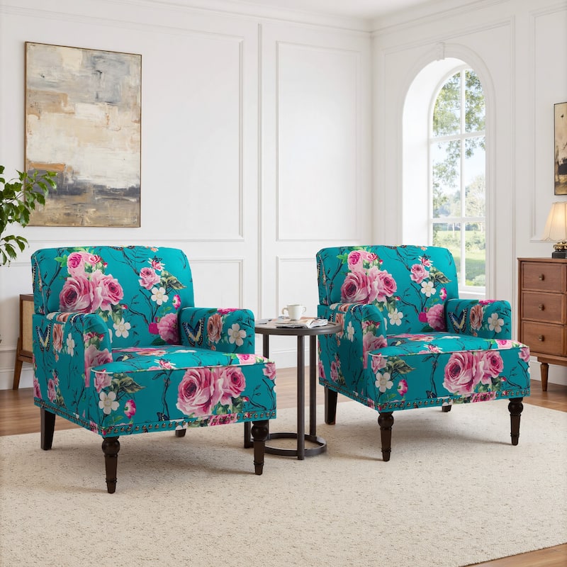 Set of 2 Stripe Linen Accent Arm Chairs with Nailhead Trim and Wood Legs