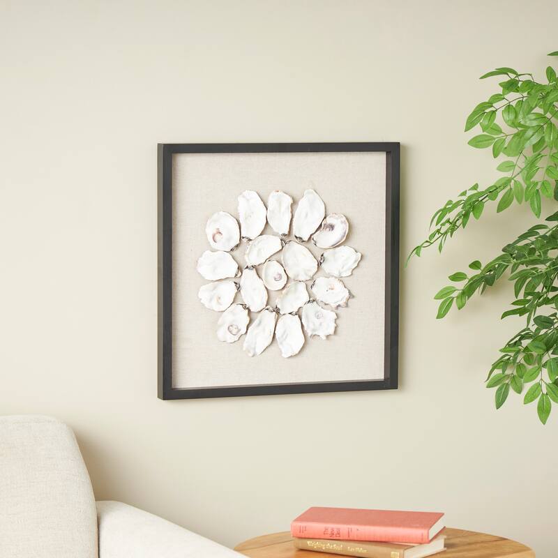 Cream Shell Handmade Abstract Circular Shell Wall Decor with Beige Linen Backing and Black Frame - Cream - 19"W, 19"H