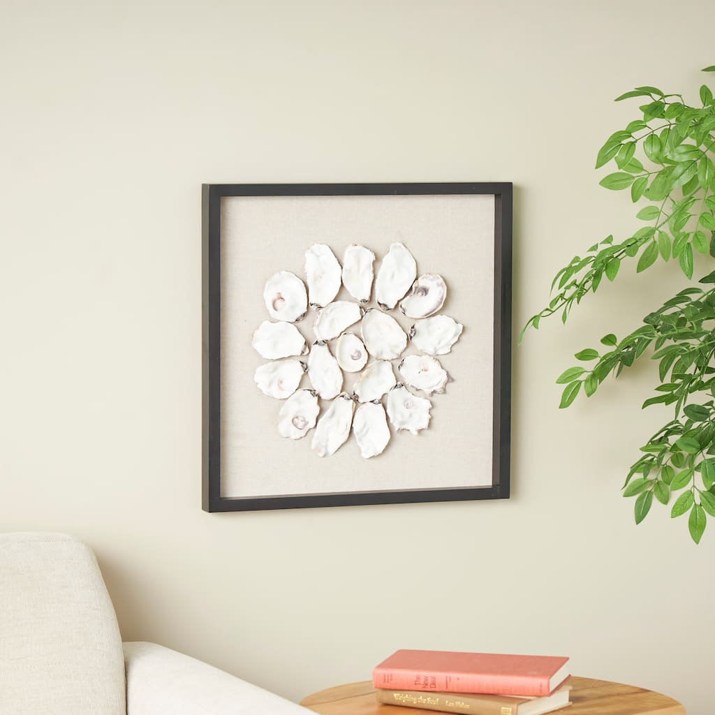 Cream Shell Handmade Abstract Circular Shell Wall Decor with Beige Linen Backing and Black Frame