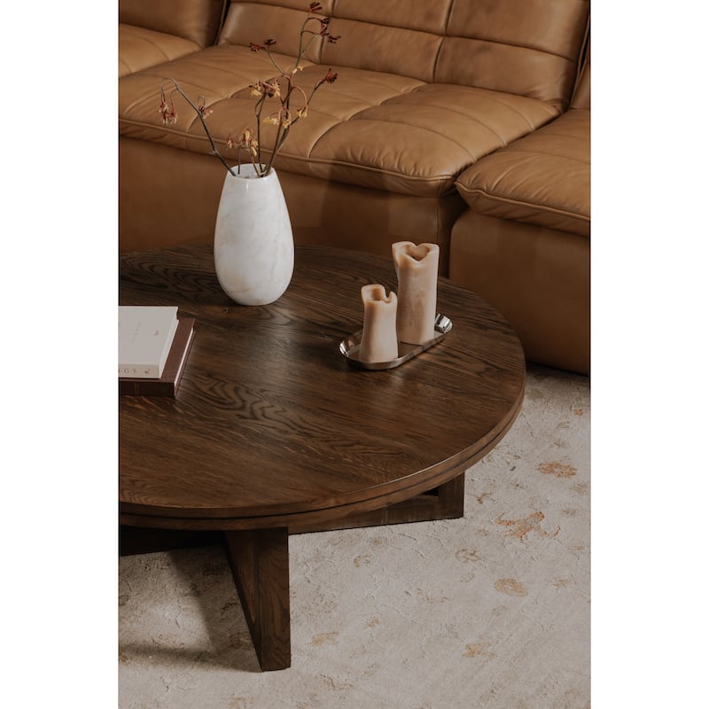 NADAAL STUDIOS Arlisse Coffee Table, Round Top, Solid Oak, Dual‑Layer Top with V‑Groove Iron Crisscross Base, Dark Brown