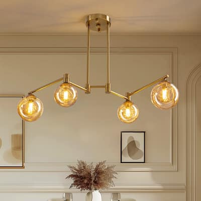 35.4 in. Gold Chandelier With Glass Globes 4-Light Brass Modern Sputnik Chandelier for Kitchen Island Dining Room