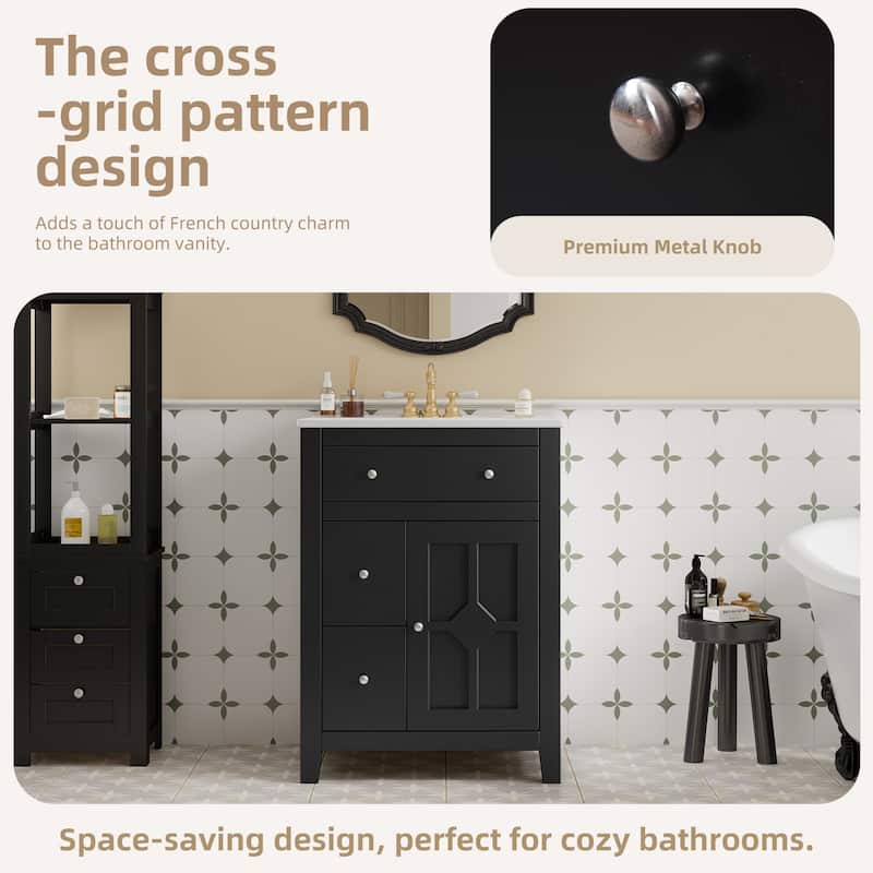 24" Modern Bathroom Vanity with Ceramic Basin Bathroom Storage Cabinet with 2 Drawers