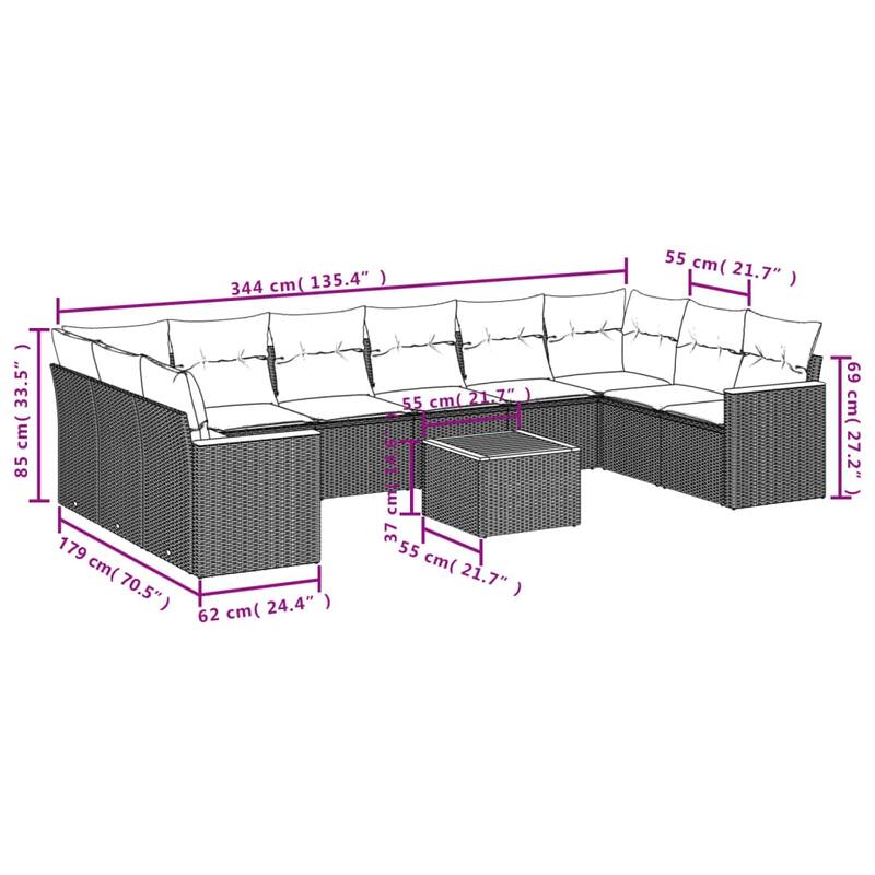 vidaXL Patio Sofa Set with Cushions Outdoor Conversation Furniture Poly Rattan - 24.4 x 24.4 x 27.2 in