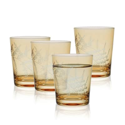 Fitz and Floyd Set of 4 Wildflower Double Old Fashioned Glasses, 12 Oz, Gold