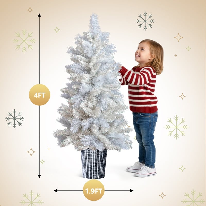 4 FT White Artificial Christmas Tree with Pot Stand, Potted Xmas Pine Tree with 200 Branch Tips for Holiday Party Office Home