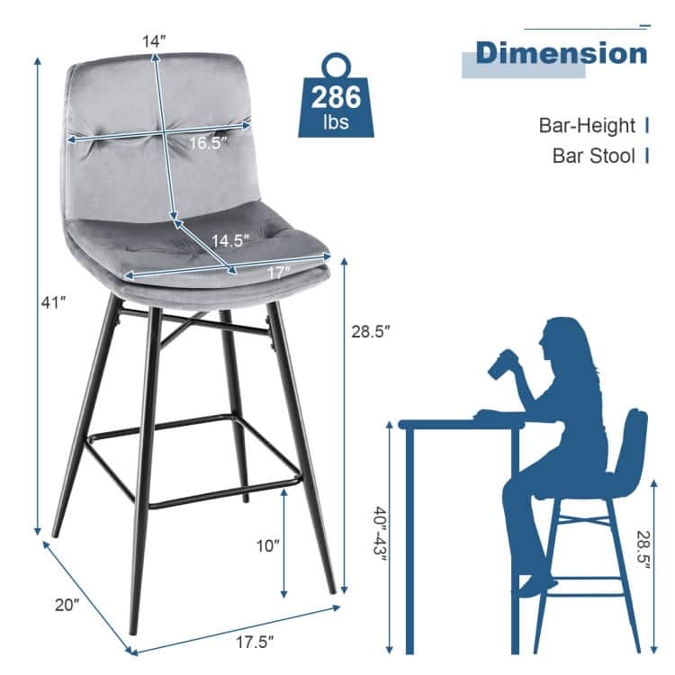 2 Pieces 29 Inch Velvet Bar Stools Set with Tufted Back and Footrests - 17.5" x 20" x 41"