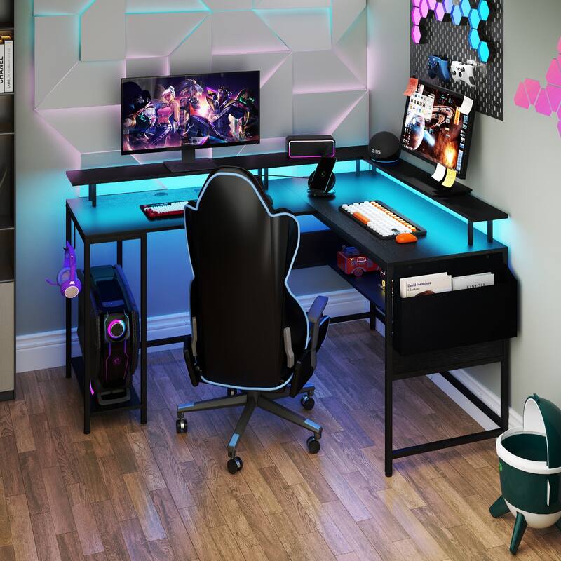Gymax L-Shaped Gaming Desk w/ LED Lights & Power Outlets Monitor Stand