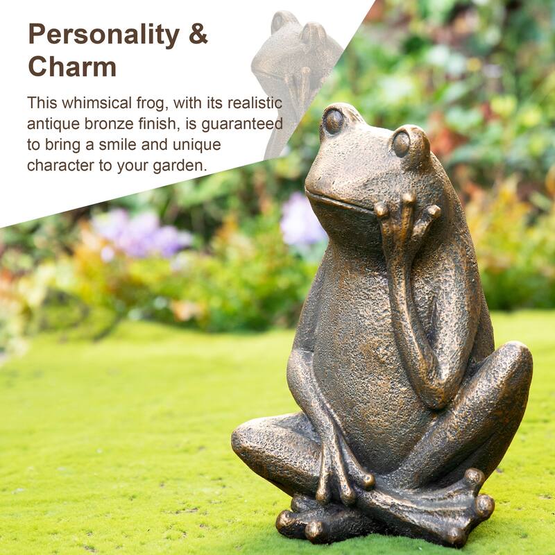 Glitzhome 12''H Resin Bronze Squatting Sitting Frog Statue