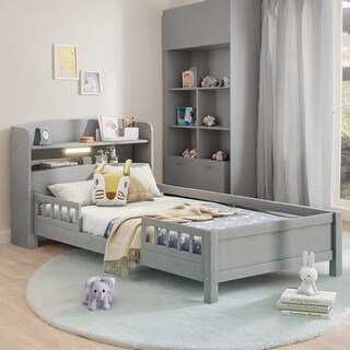 Twin Size Platform Bed with Built-in LED Light, Storage Headboard & Guardrail, Antique Grey