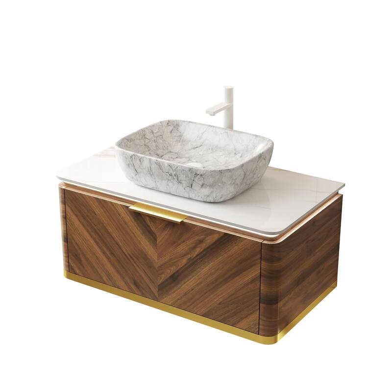 GDFStudio - Dipa Modern 36" Floating Bathroom Vanity with Sensor Light, Drawer & Marble Pattern Ceramic Basin, WITHOUT Faucet