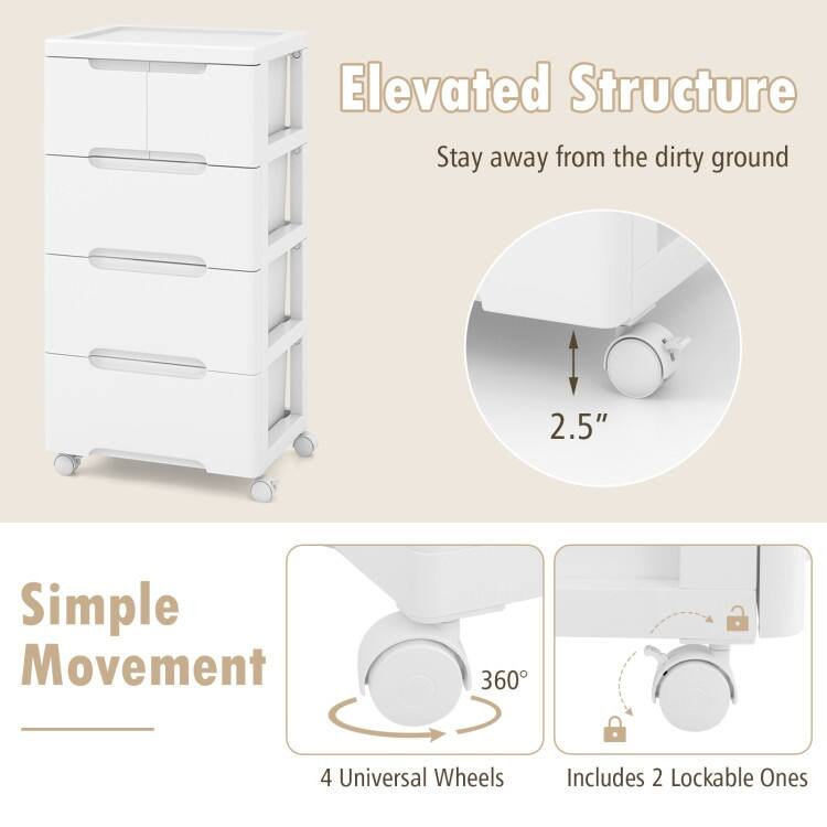 Multi-Drawer White PP Mobile Storage Organizer with Locking Wheels for Bathroom or Kids Room