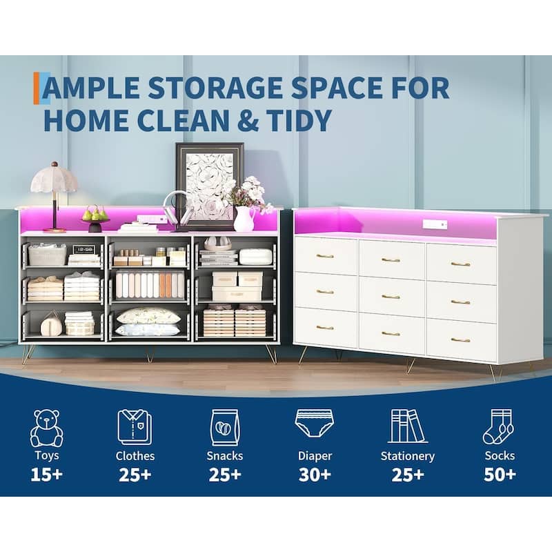 9-Drawer Dresser for Bedroom with Charging Station & RGB Lights