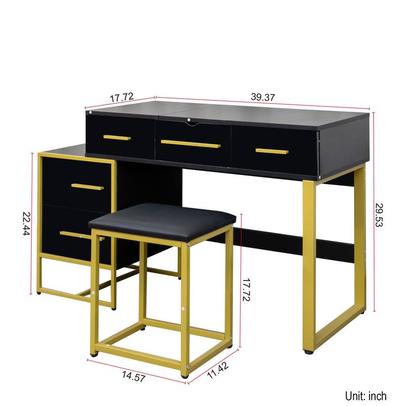 Vanity Desk with Flip Top Mirror, Large Wooden Dresser Table, Makeup Vanity Set with 4 Storage Drawers and Cushioned Stool