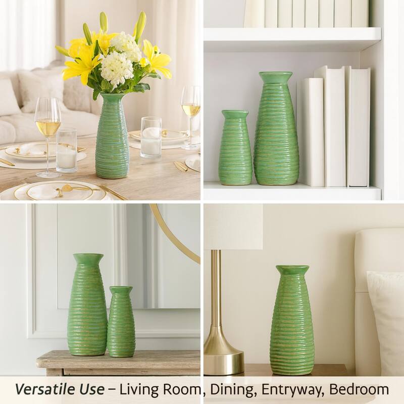 Set of 2 Avocado Green Ceramic Cylinder Vases with Matte Finish Decor