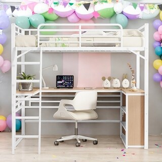Full Size Metal Loft Bed with 3 Layers of Shelves and L-shaped Desk
