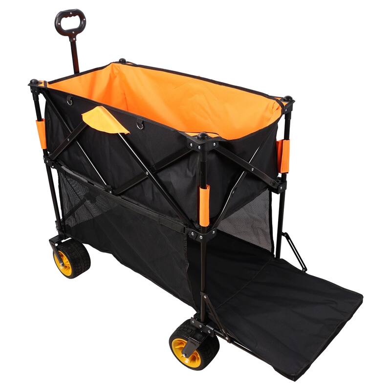 Big large capacity Folding cart Extra Long Extender Wagon Cart Folding Wagon Garden Shopping Beach Cart (black +orange)