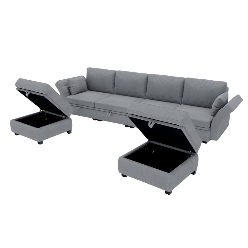 Linen Fabric U Shaped Modular Couch Set with Ottomans and Storage Seats
