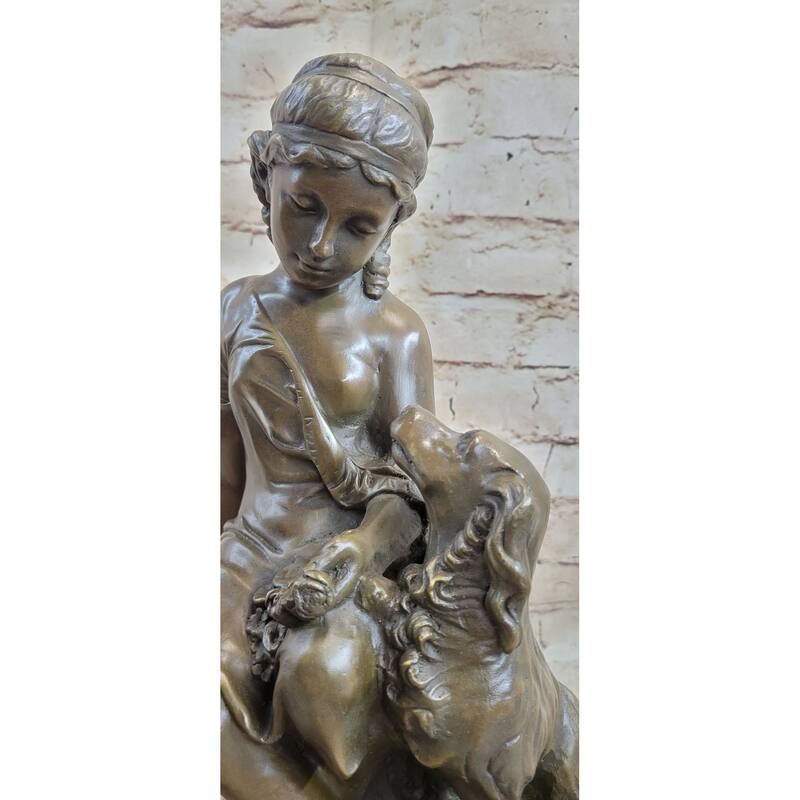 Clical Girl With Puppy Imitative Dog Bronze Statue Sculpture Figure On Marble Base 15 Inches X 8 Inches