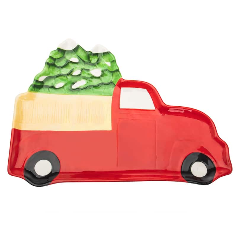 HomeRoots 18" Green and Red Red Truck Porcelain China Christmas Serving Tray