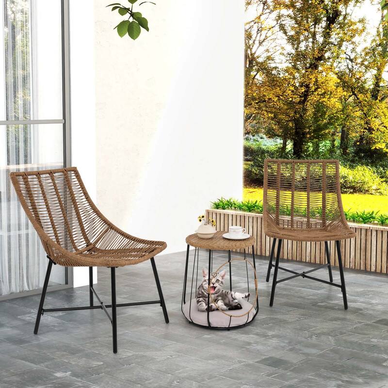 Costway 3 PCS Outdoor Furniture Set with Pet House & Heavy Duty Metal - See Details - Light Brown - See Details