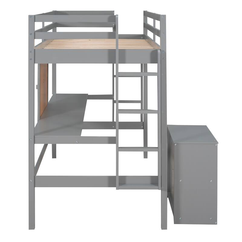 Twin Size Loft Bed with Desk, Writing Board, and 2 Drawers Cabinet - Gray