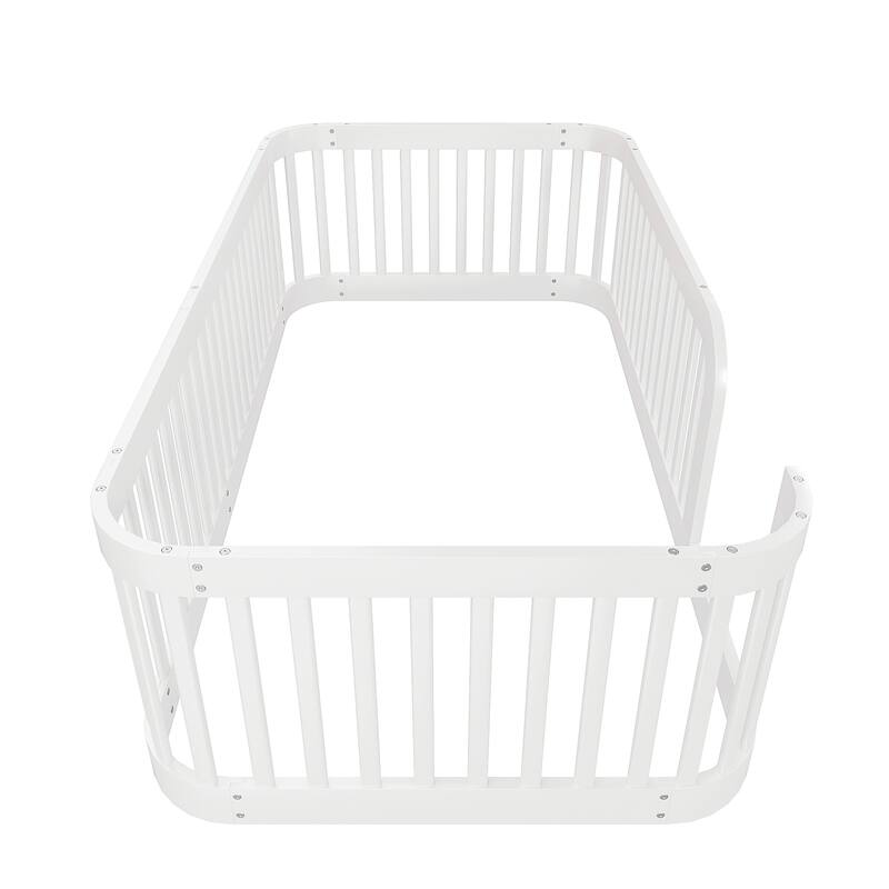 Twin Size Wood Floor Bed with Fence, Low Profile Platform Frame for Toddlers