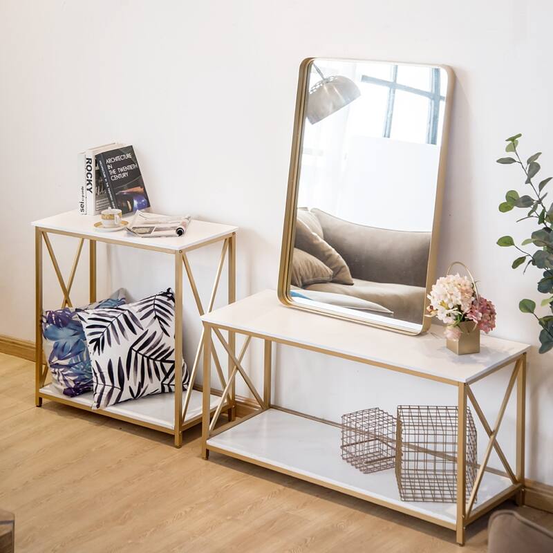 2-Tier Console Table, Gold Sofa Entry Table with Faux Marble Top