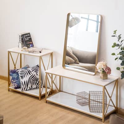 2-Tier Console Table, Gold Sofa Entry Table with Faux Marble Top