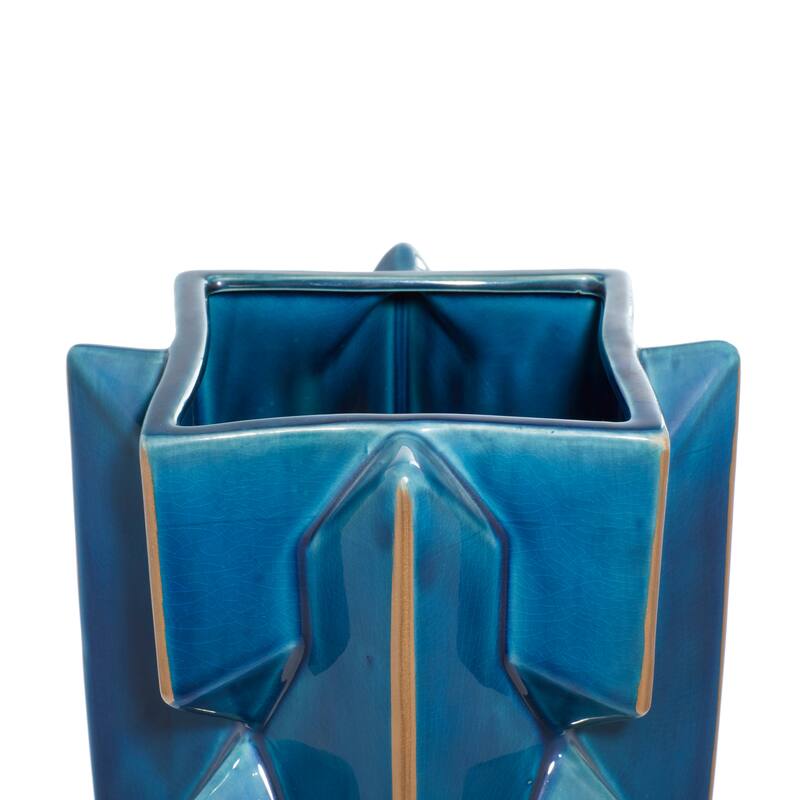 Teal Ceramic Faceted Decorative Vase with Gold Accents