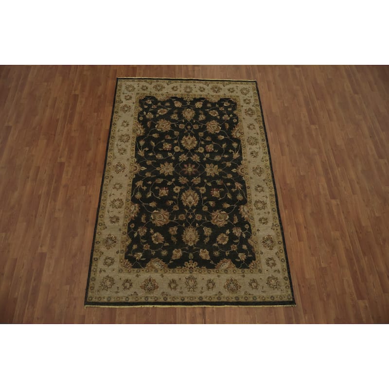 Hand Knotted Oriental 100% Wool Carpet Traditional All-Over Black Peshawar Area Rug - 9' 1'' X 5' 11''