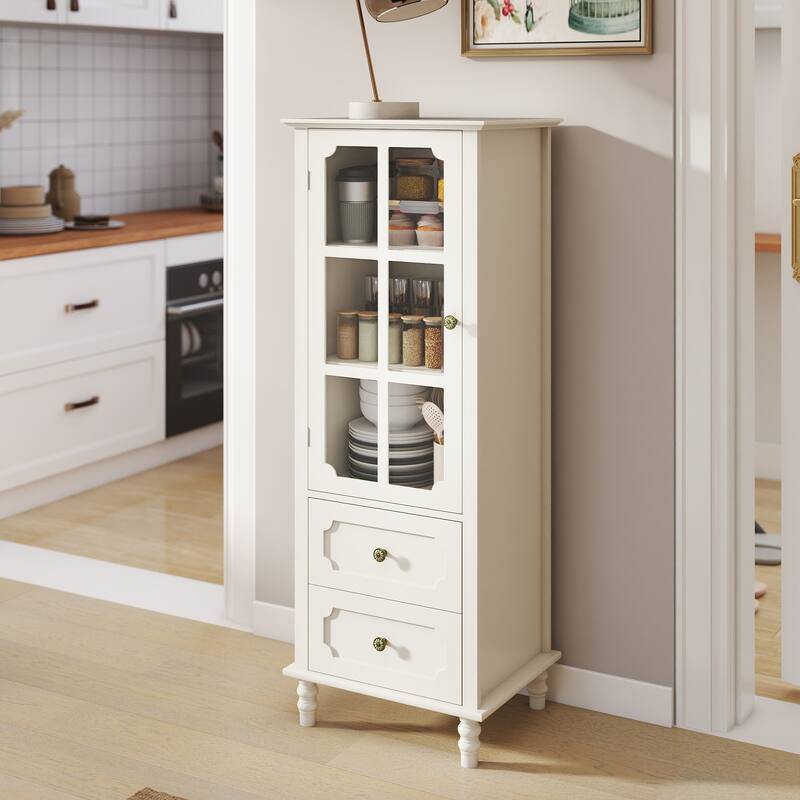 Minimalism Buffet Cabinet with Glass Doors and Double Drawer, Modern Wooden Storage Sideboard Cupboard