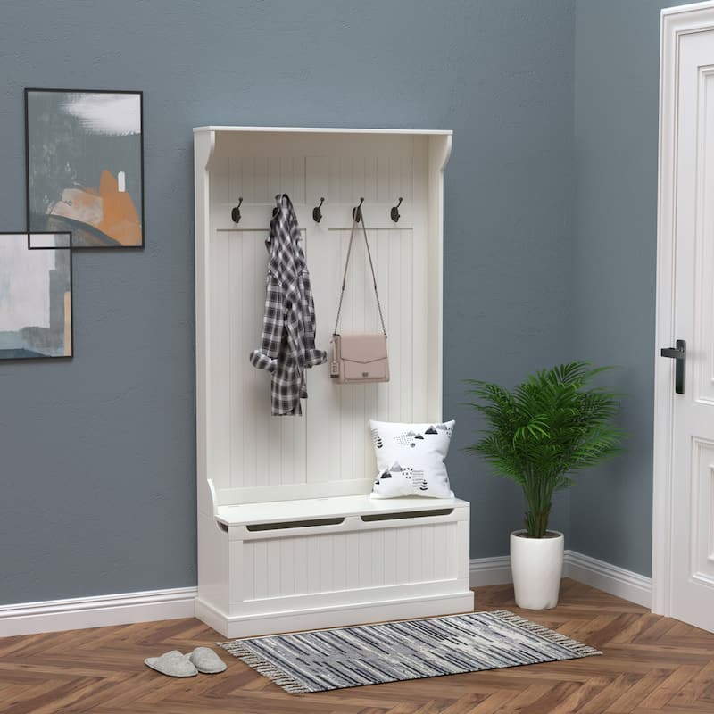 38" White 3 in 1 Hall Tree - Storage Bench, Coat Rack, Shoe Storage