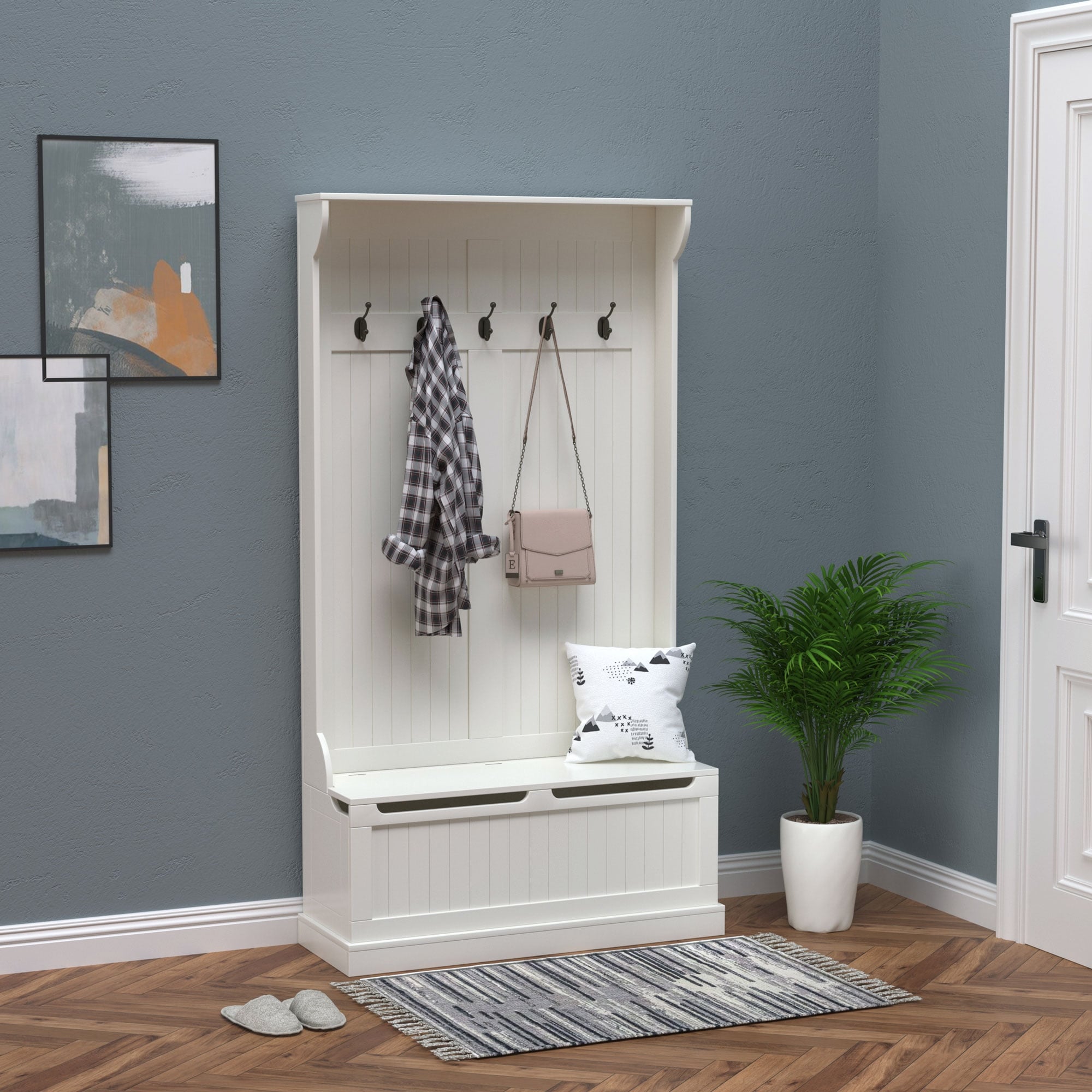HOMCOM 71" 3-In-1 Hall Tree Storage Bench and Coat Rack with 5 Steel Double Hooks, and Anti-Topple Anchor for Entryway
