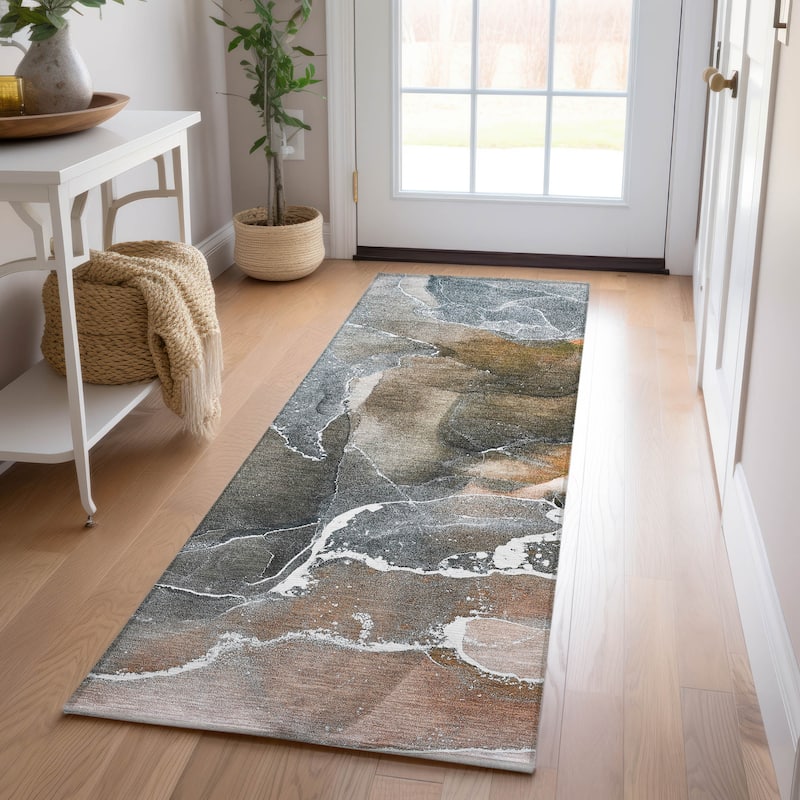 Machine Washable Indoor/ Outdoor Chantille Abstract Orange Rug - Orange - 2'3" x 7'6"