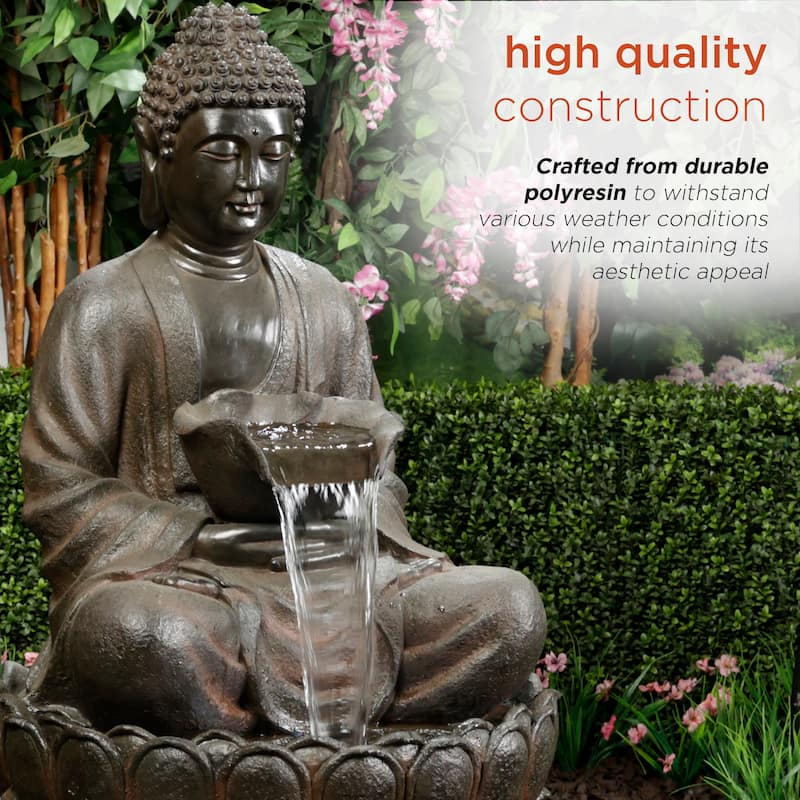 Alpine Corporation WIN1586 Outdoor Floor Peaceful Buddha Fountain with LED Lights, Buddha Garden Water Fountain, 44"H, Brown